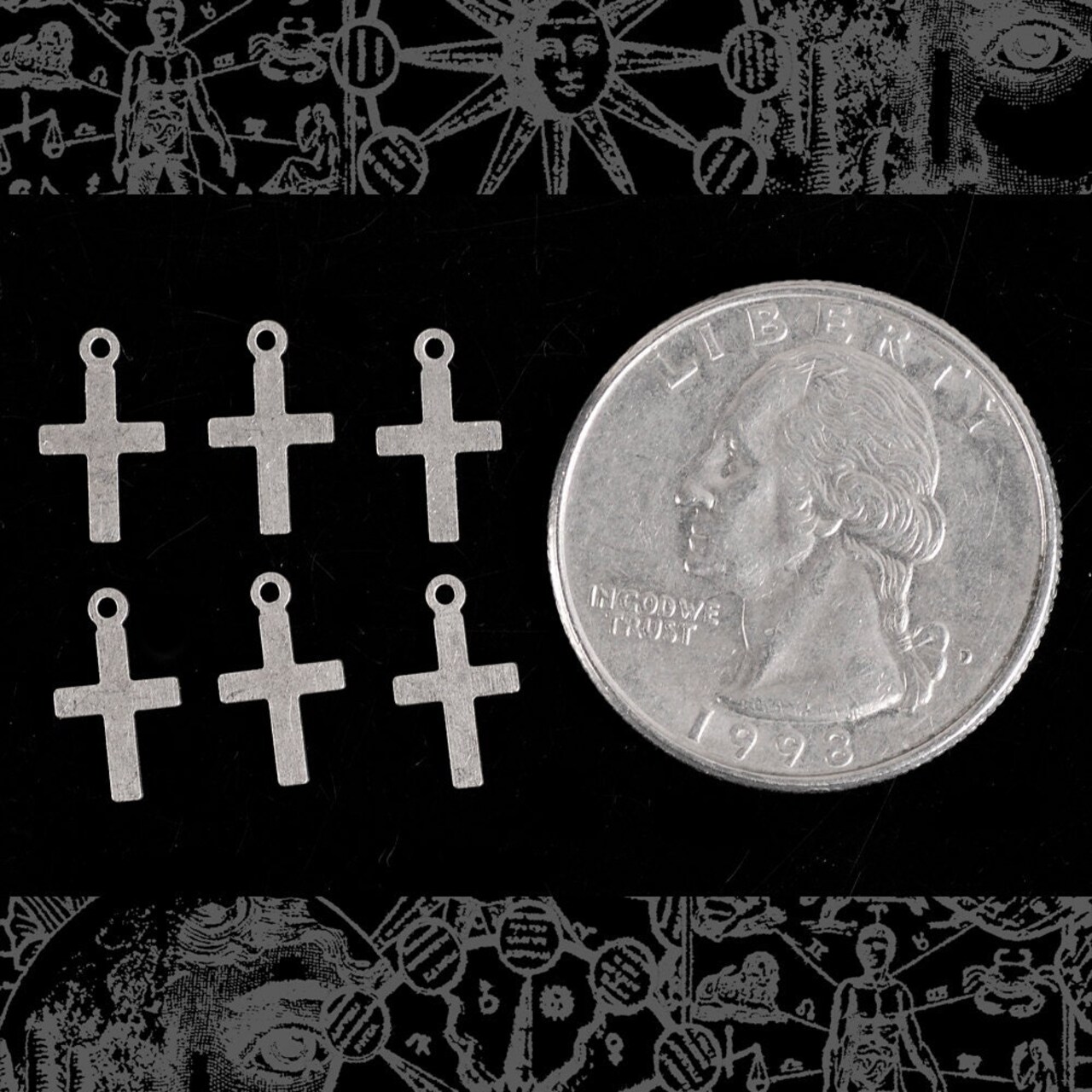 Antiqued Silver Plated Brass Miniature Christian Cross Charms - Set of Six - S-C93